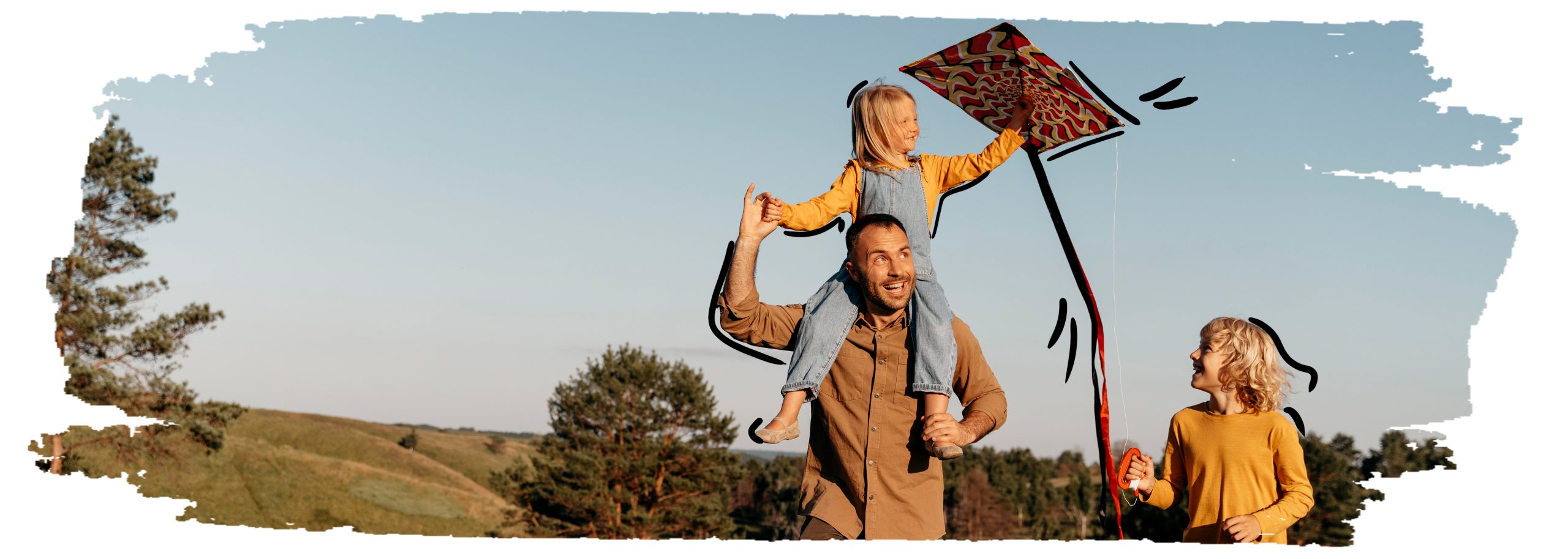 familia feliz en el campo con cometa